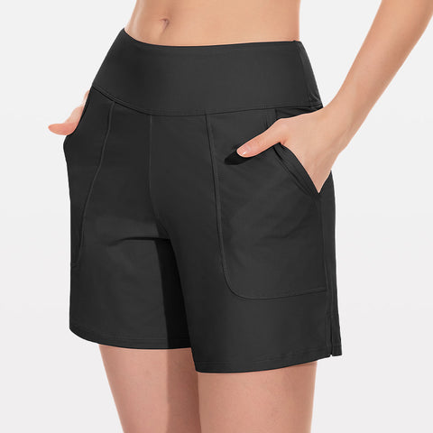Beautikini Período de banho com parte inferior de 3" de cintura alta UPF 50+ Shorts de banho com bolsos