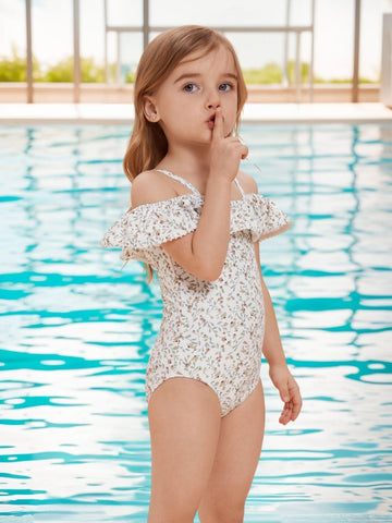 Girls' One-Piece & Off-Shoulder Swimsuit - Beige