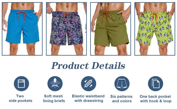 Pár pánských plaveckých trenýrek Beautikini s kompresní podšívkou, zdůrazňující klíčové vlastnosti pro výběr správných plážových šortek.