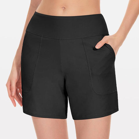 Beautikini Período de banho com parte inferior de 3" de cintura alta UPF 50+ Shorts de banho com bolsos