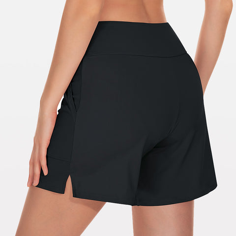 Beautikini Período de banho com parte inferior de 3" de cintura alta UPF 50+ Shorts de banho com bolsos