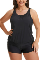 Beautikini Blouson Tankini Two Piece Tummy Control Bathing Suits with Shorts Modest Swimwear