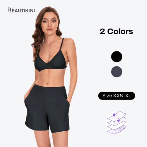 Beautikini Period Traje de baño inferior de 3.0 in de cintura alta UPF 50+ pantalones cortos con bolsillos