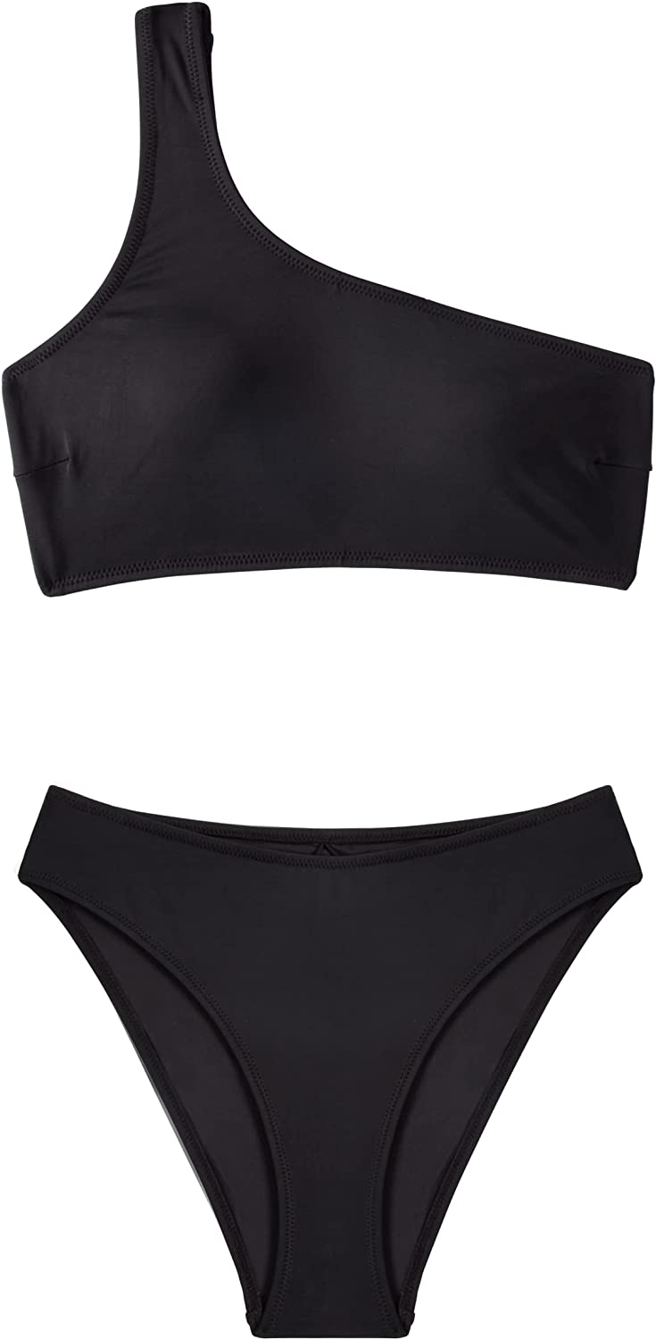 Beautikini Maillot de bain bikini asymétrique épaule dénudée, haut de bikini noir avec bas court, maillot de bain deux pièces pour femme