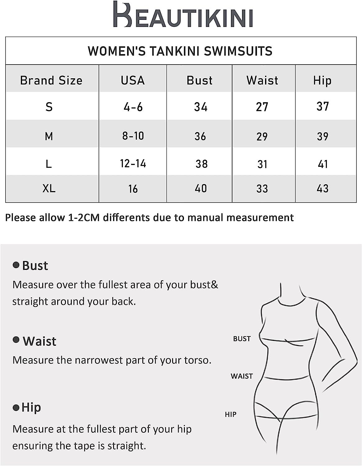 Beautikini Two Piece Bikini Swimsuit, Push Up Crop Top Swimsuit Sporty High Waisted Bathing Suit with Bottoms for Teens Women