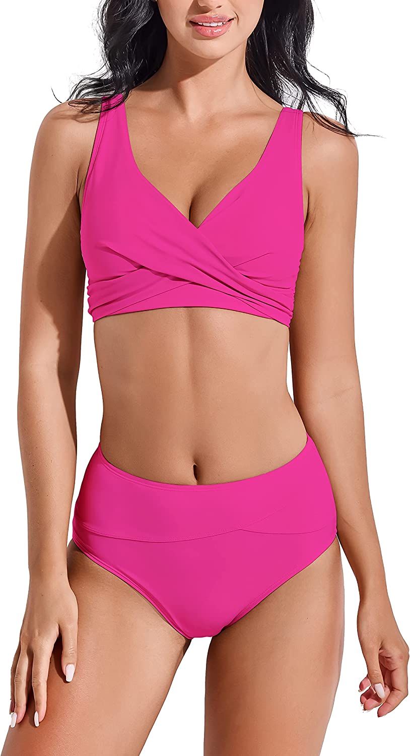 Beautikini Women's Two Piece Bikini Set, High Waisted Twist Front Bathing Suit with Briefs V Neck Tie Back Ruched Swimsuit