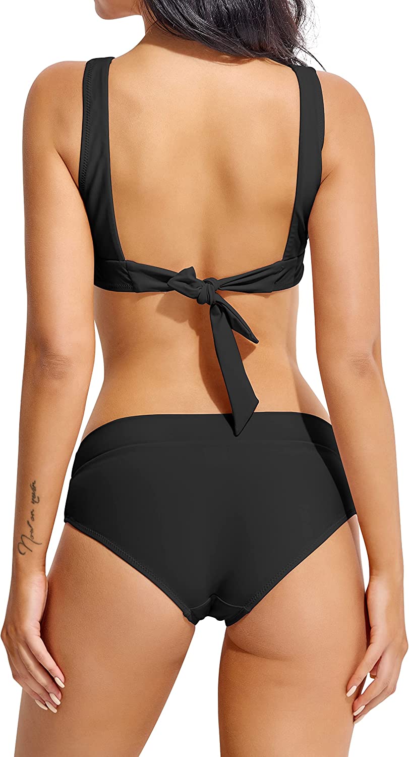 Beautikini Women's Two Piece Bikini Set, Sexy Self Tie Swimsuit with Bottoms Cheeky V Neck Middle Waisted Bathing Suits