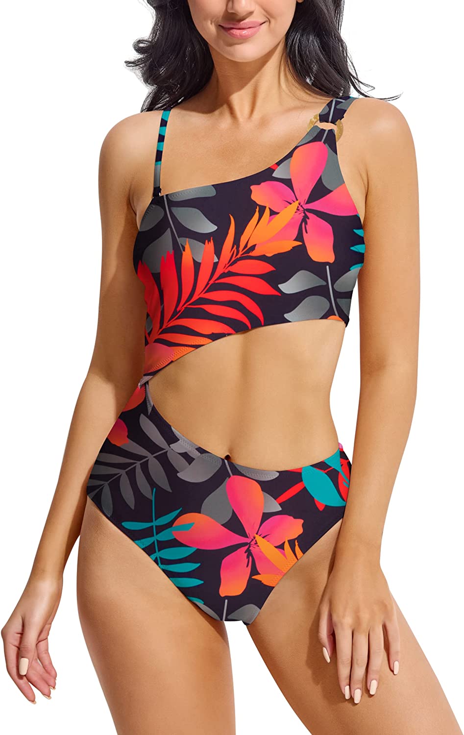Beautikini Women's One Shoulder Cut Out Colorblock Monokini One Piece Swimsuit Ribbed Swimwear Bathing Suits