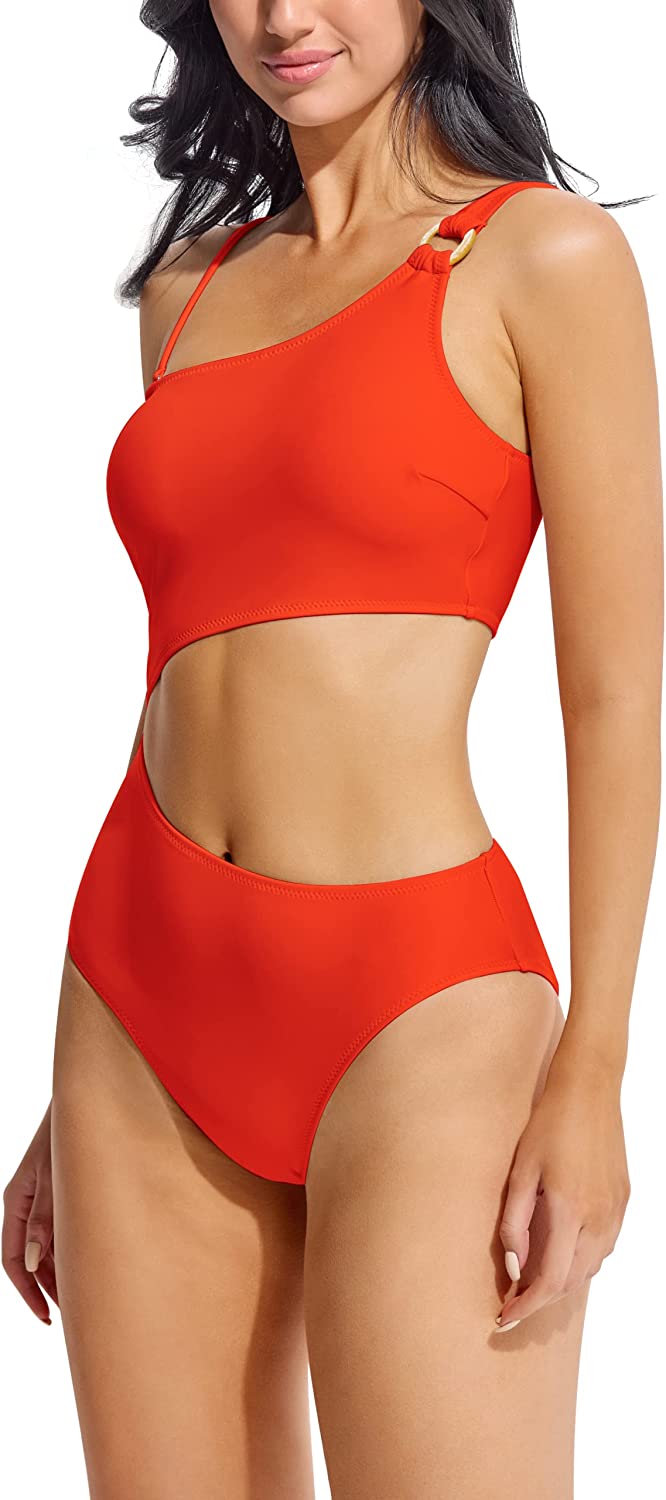 Beautikini Women's One Shoulder Cut Out Colorblock Monokini One Piece Swimsuit Ribbed Swimwear Bathing Suits