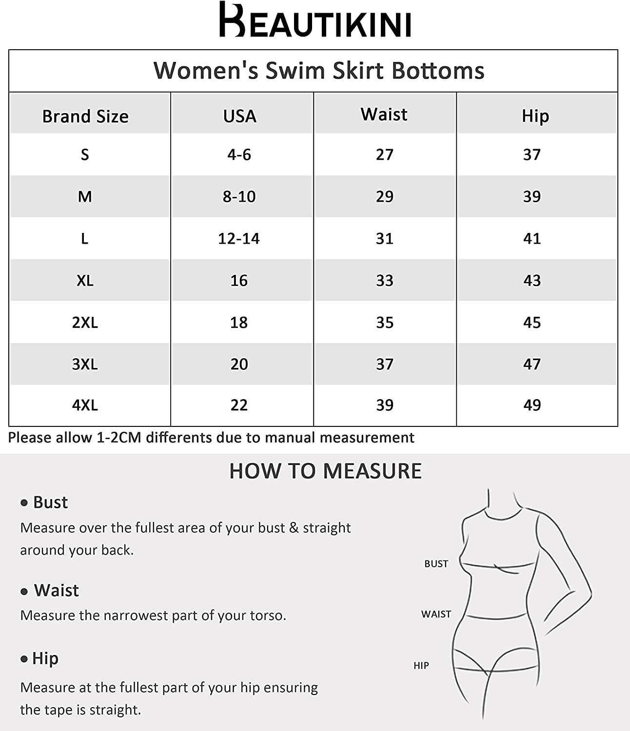 Beautikini Women's Mid Waisted Swim Skirt Bottoms Tummy Control Swimwear Bikini Skirt Bottom