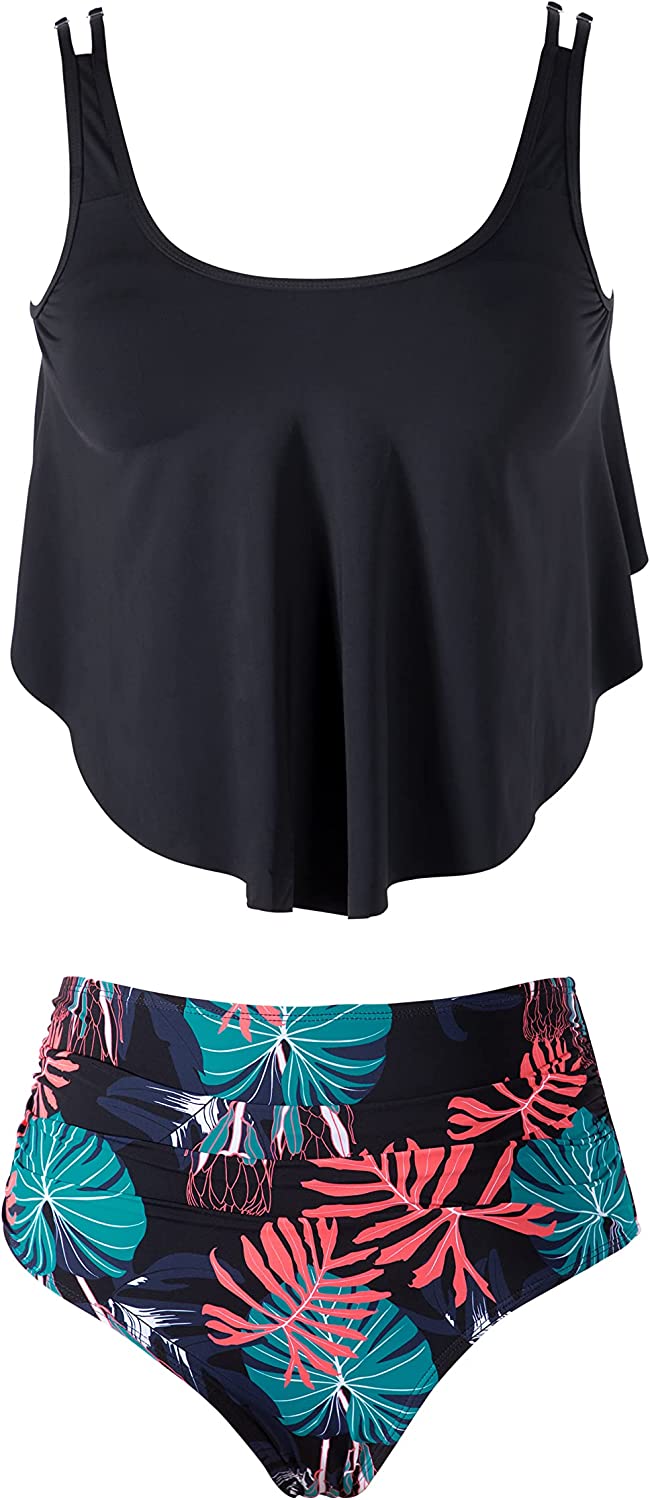 Beautikini Two Piece Swimsuits for Women, Tankini Bathing Suits Ruffled Flounce Top with Bikini High Waisted Bottom