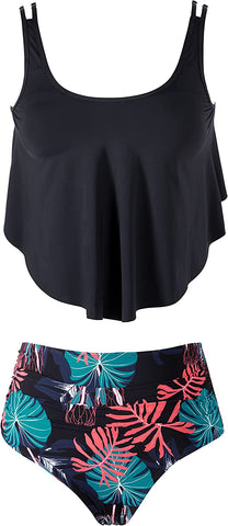 Beautikini Trajes de baño de dos piezas para mujer, Tankini trajes de baño con volantes y parte superior de bikini de cintura alta