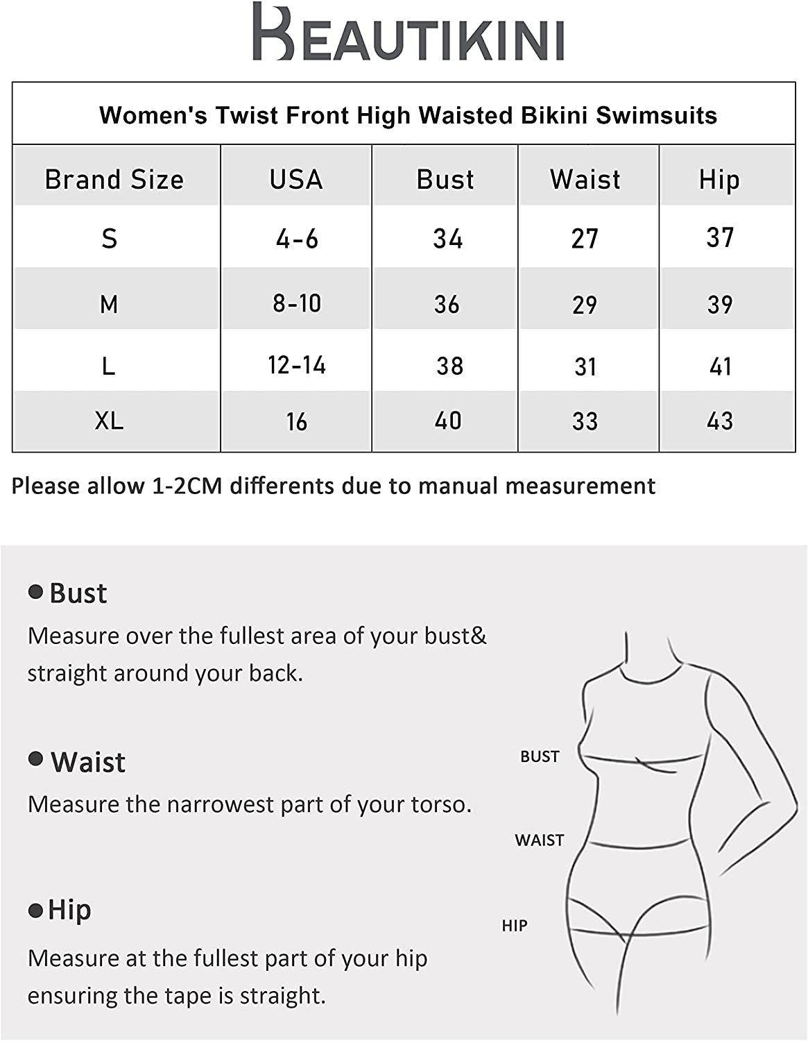 Beautikini Women's Two Piece Bikini Set, High Waisted Twist Front Bathing Suit with Briefs V Neck Tie Back Ruched Swimsuit