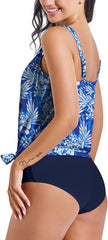 Beautikini Two Piece Tankini Swimsuits, Blouson Swim Tops with Bikini Bottoms Round Neck Tummy Control Bathing Suit for Women