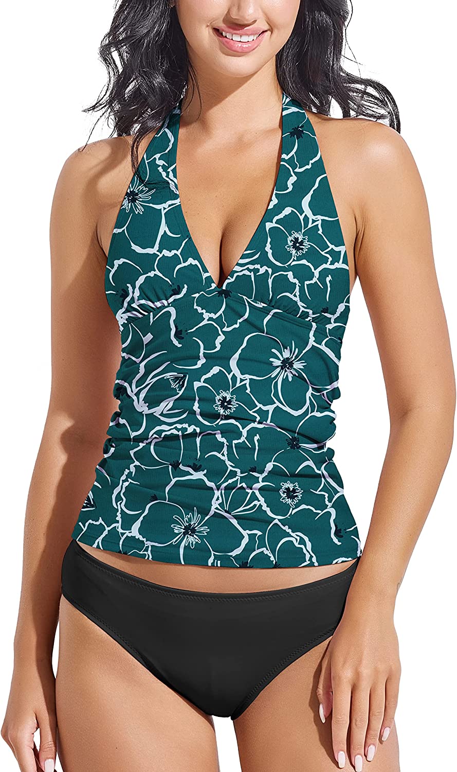 Beautikini Womens Halter Tankini Swimsuits 2 Piece Printed Bathing Suits Tummy Control Tankini Tops with Bikini Bottom