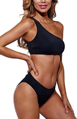 Beautikini One Shoulder Bikini Swimsuits, Black Bikini Top with Bottom Crop Top Two Piece Swimsuit for Women