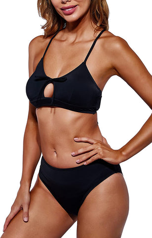Beautikini Women Bowknot Shirred Swimsuit, Adjustable Lace Up Bikini Set Two Piece Bathing Suit Black