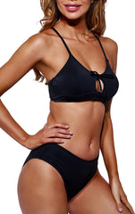 Beautikini Women Bowknot Shirred Swimsuit, Adjustable Lace Up Bikini Set Two Piece Bathing Suit Black