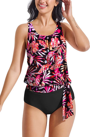 Beautikini Two Piece Tankini Swimsuits, Blouson Swim Tops with Bikini Bottoms Round Neck Tummy Control Bathing Suit for Women