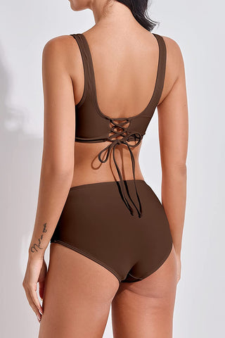 Beautikini Ensemble bikini deux pièces pour femme, taille haute torsadé sur le devant avec slip, col en V, noué dans le dos, maillot de bain froncé