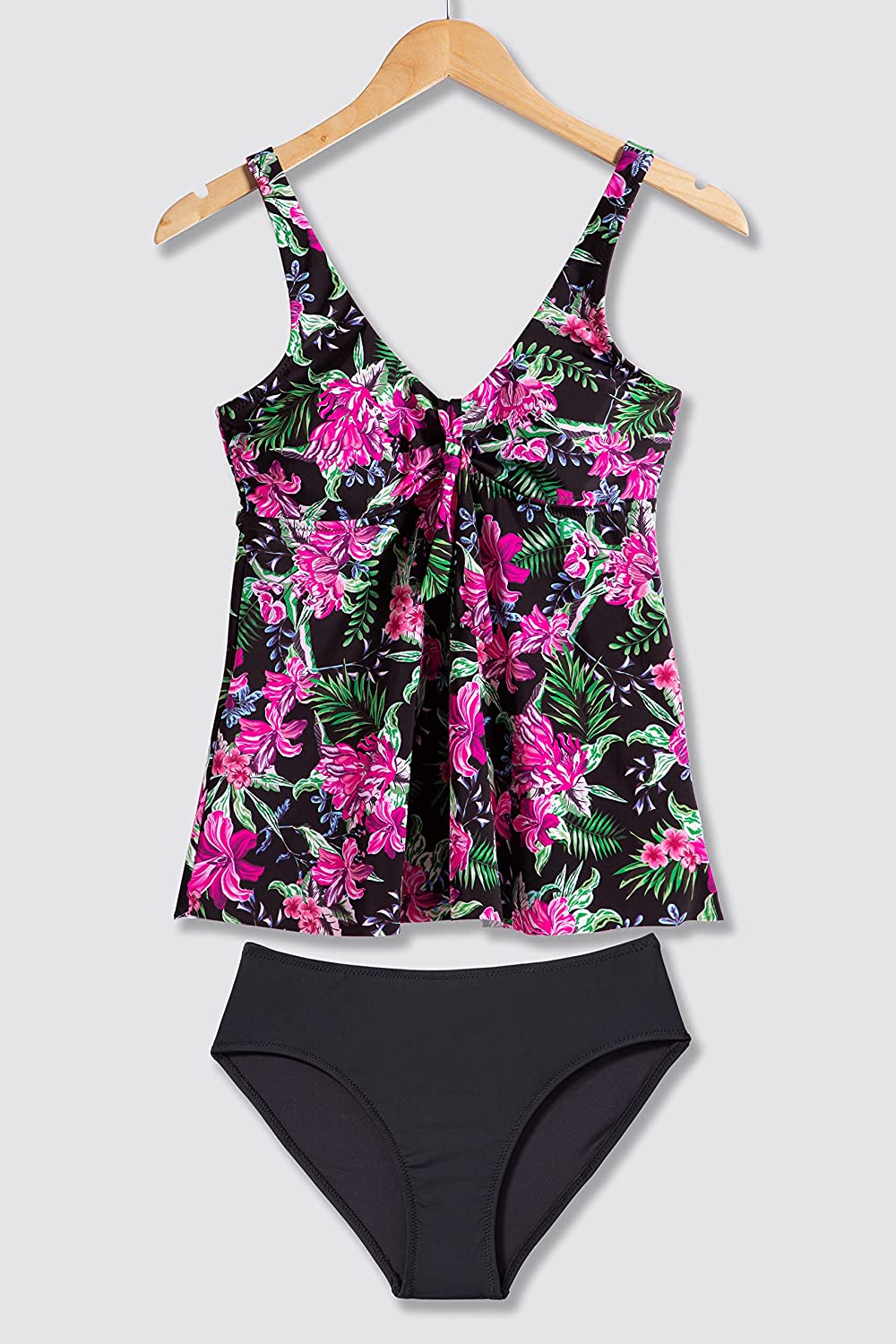 Beautikini Women's Two Piece Tankini Swimsuits, V Neck Tummy Control Bathing Suit with Briefs Flowy Floral Print Swimwear