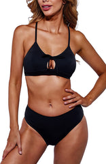 Beautikini Women Bowknot Shirred Swimsuit, Adjustable Lace Up Bikini Set Two Piece Bathing Suit Black