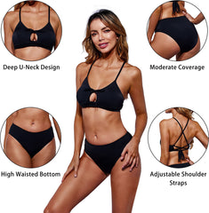 Beautikini Women Bowknot Shirred Swimsuit, Adjustable Lace Up Bikini Set Two Piece Bathing Suit Black
