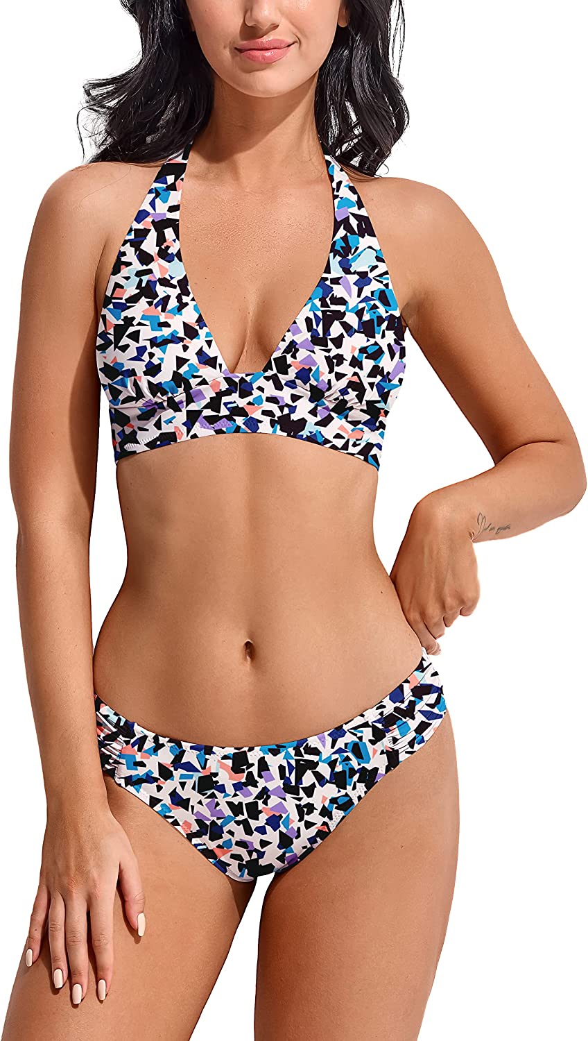 Beautikini Sexy Halter Bikini Set for Women Two Piece Cheeky Swimsuit Deep V Neck High Cut Low Waist Womens Bathing Suit