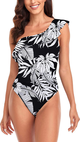 Beautikini Sexy One Shoulder Tummy Control Swimsuits One Piece Bathing Suits for Women Ruffle Monokinis Swimwear