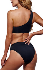 Beautikini One Shoulder Bikini Swimsuits, Black Bikini Top with Bottom Crop Top Two Piece Swimsuit for Women