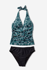 Beautikini Womens Halter Tankini Swimsuits 2 Piece Printed Bathing Suits Tummy Control Tankini Tops with Bikini Bottom