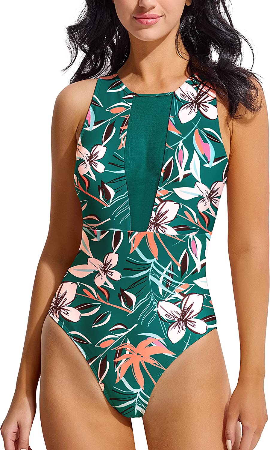 Beautikini Women's One Piece Swimsuit, Mesh High Neck Tummy Control Bathing Suits Monokini Swimwear