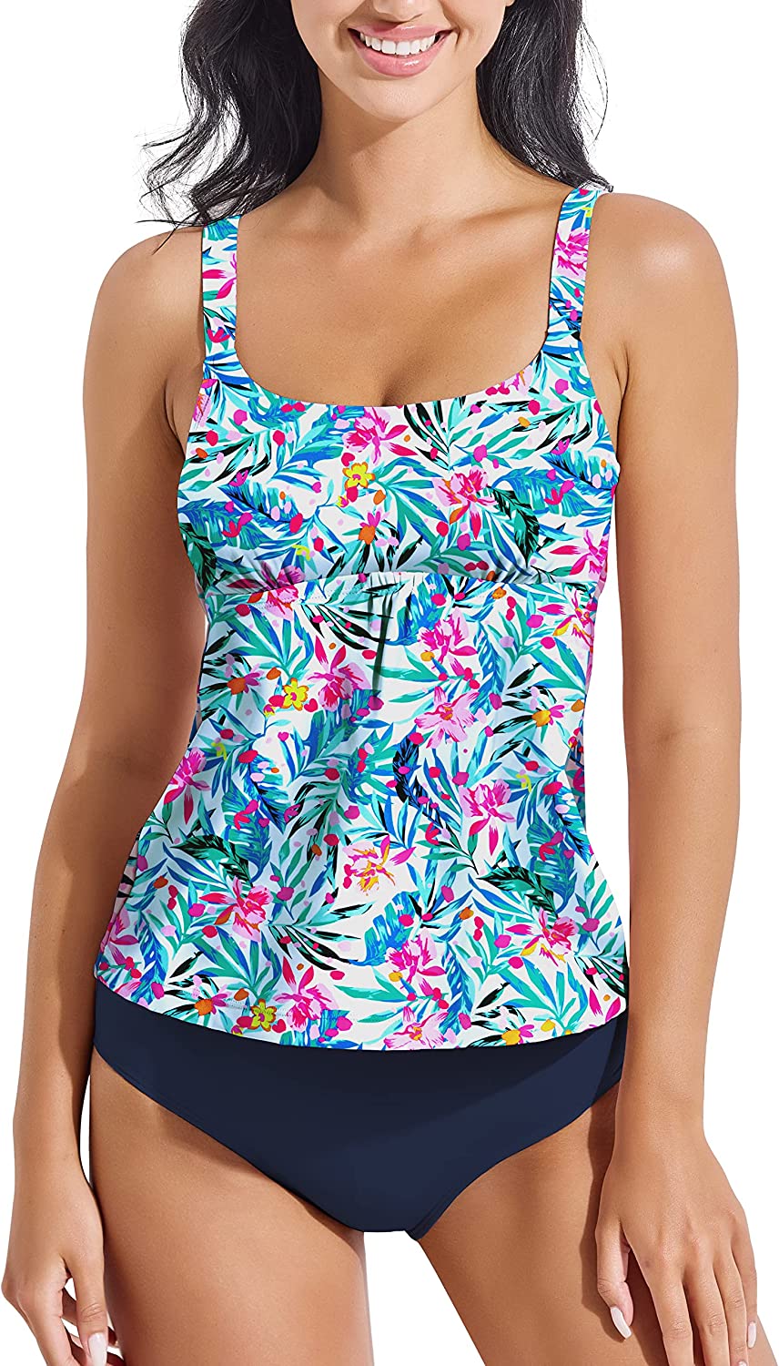 Beautikini Women's Two Piece Tankini Swimsuits, Floral Printed Bathing Suits Flowy Tank Top with Shorts Blouson Swimwear